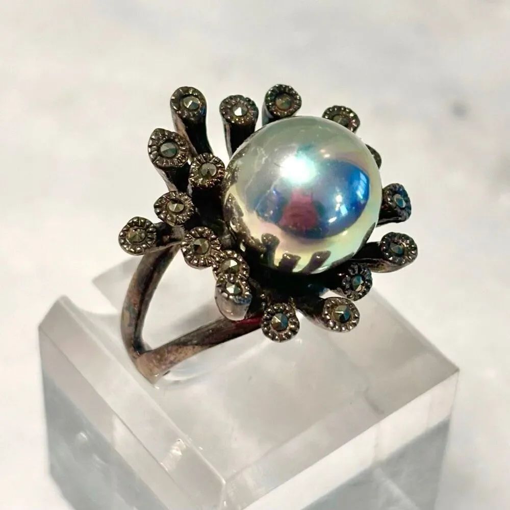 Vintage Sterling Silver Black Pearl & Marcasite Starburst Enchanted Cocktail Rin